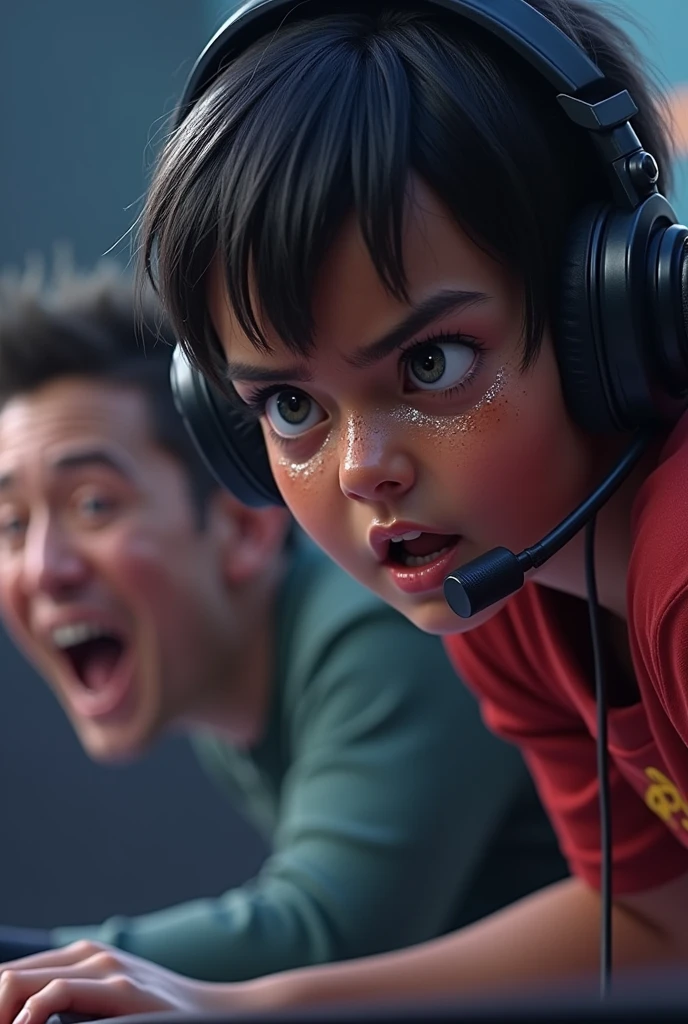 In game One character focused with sweat dripping down, while another character is doing something silly in the background
