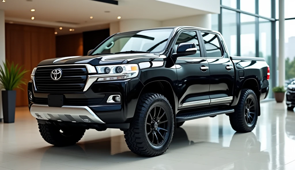 Give me a competitive image of ( Toyota land cruiser pickup ) ( black ) in showroom