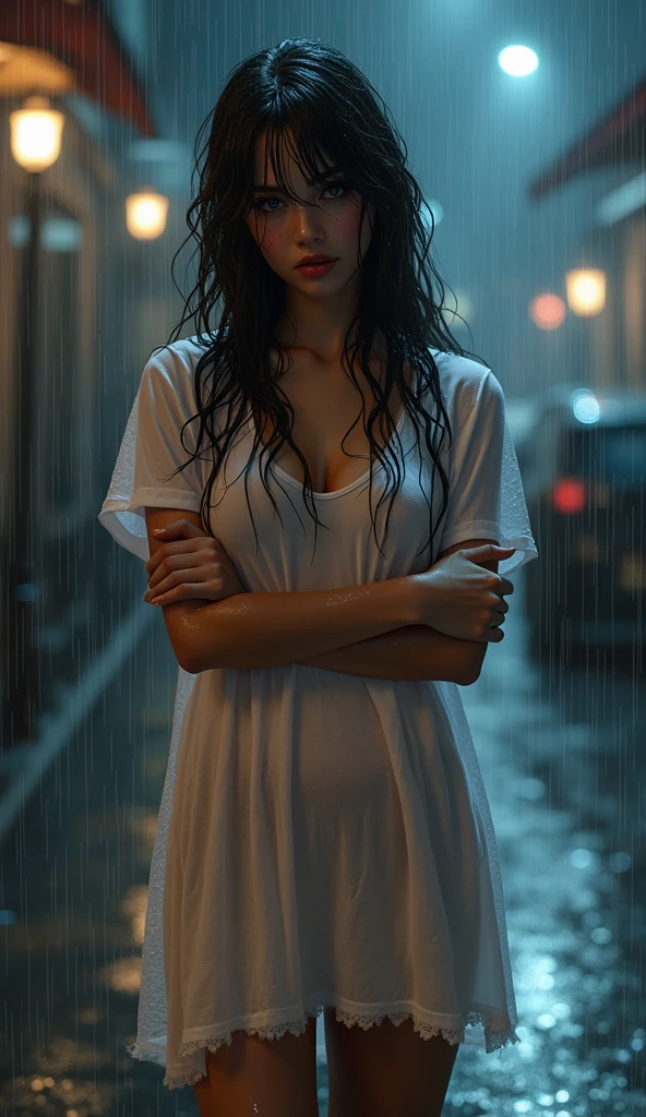 wet tshirt (seethrough) (nsfw) dress raining public embarrassed night, pussy