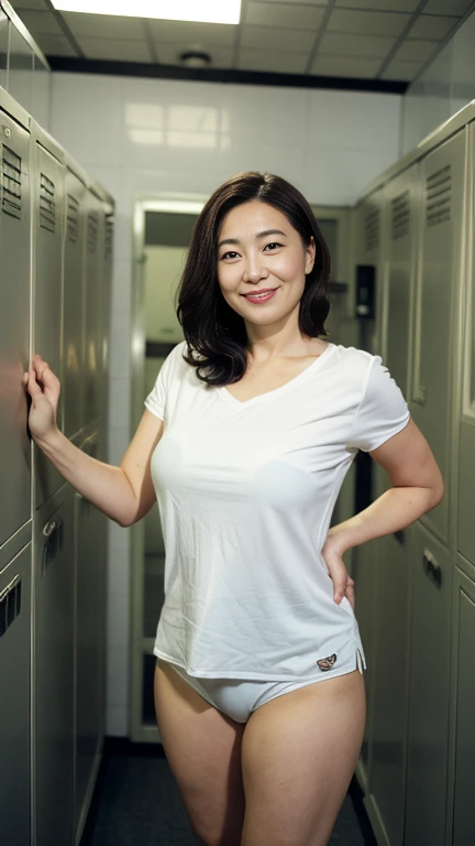 ((top quality、8k、masterpiece:1.3))、realistic, sharp focus, High level image quality, highest resolution, portrait, alone, Japanese, middle aged woman, beauty, sexy, nudity, naked, thick thighs, Woman in her 40s, bob hair, (Wrinkles around the eyes:0.5), Office locker room, Lots of steel lockers, dark background, pubic hair, smile