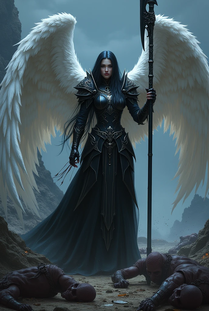 (pathfinder:1.2), fullheight, angel, sexy female. pale skin, beautiful face, black eyes, white wings, gothic black armor with sharp edges, no nude, very long ebony hair, holding huge glaive, on the battlefield, corpses and death around her, at the midnight, pathfinder wrath of rightous style