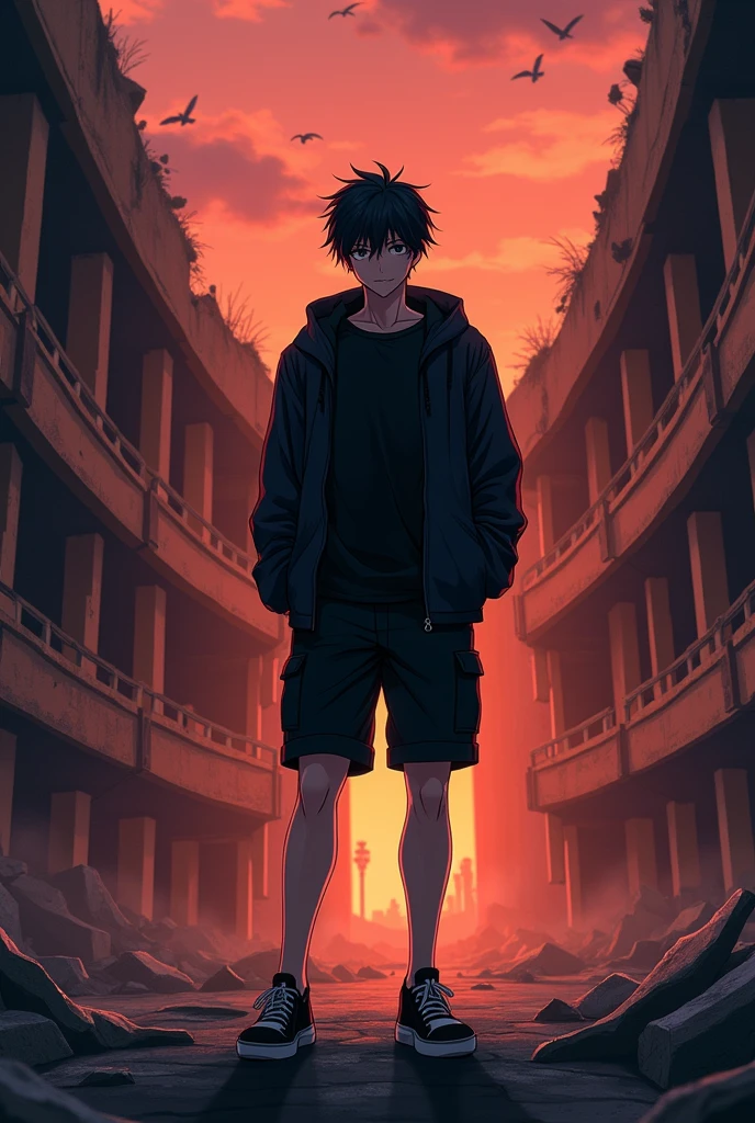 The image is anime style cowboy bebop and Darker than black with shadows and dim lights, anime style although somewhat adult and dark, It shows a single adult male aged 26., con cabello negro y black eyes, He is wearing a black t-shirt and black shorts, and black windbreaker; Smiles confidently to the side. He is standing in front of a destroyed theater, right on stage, sin techar, as the orange light of dusk filters through. on the stage, black eyes