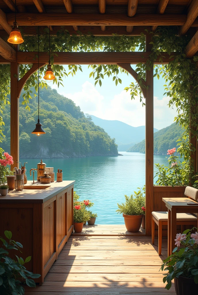 tea shop near lake side simple low budget