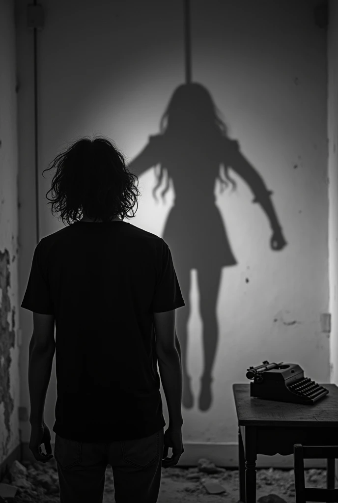 A b&w long shot of a man from behind facing a blank wall. He is wearing a black shirt and is 23 years of age. The man has long messy unkempt hair and is tilting his head facing the wall, mimicking a hanged dead body. He is in a dark,
dilapidated destroyed room with no light. It is a horror setting. The shadow of a girl in the same tilting pose appears much bigger on the wall. Both shadows are seen on the wall illuminated by lightning off-screen. The man's back is seen while he is facing the wall and the woman's shadow is only seen on the same wall in the same pose. They are tilting their heads. The girl's shadow is of a
hanged dead body with a tilted head. The girl's shadow is not on the side but the middle of the wall and appears with a tilted head. The man is 6 feet tall. The wall is not broken and there is a typewriter on a table on the side. There
is no noose in the shadow. The girl's hands are forming a fist