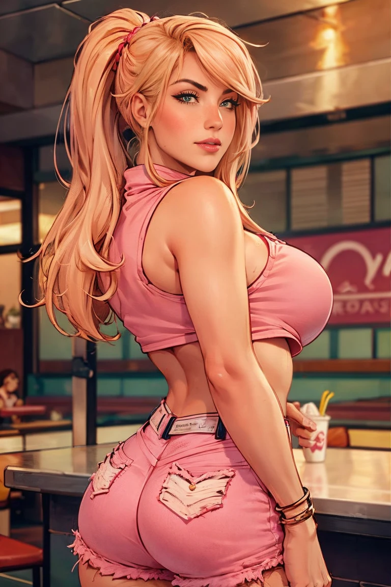 blonde, sculptural body, delicious, provocative, delicious breasts, BIG ASS, ((cropped rosa claro)), ((pink denim shorts)), ((tennis)), at a fast food restaurant during the day, no shopping.