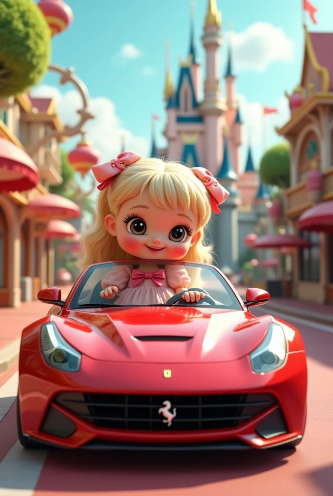 Cute doll driving red ferrari in pink frock with a background or Disney World
