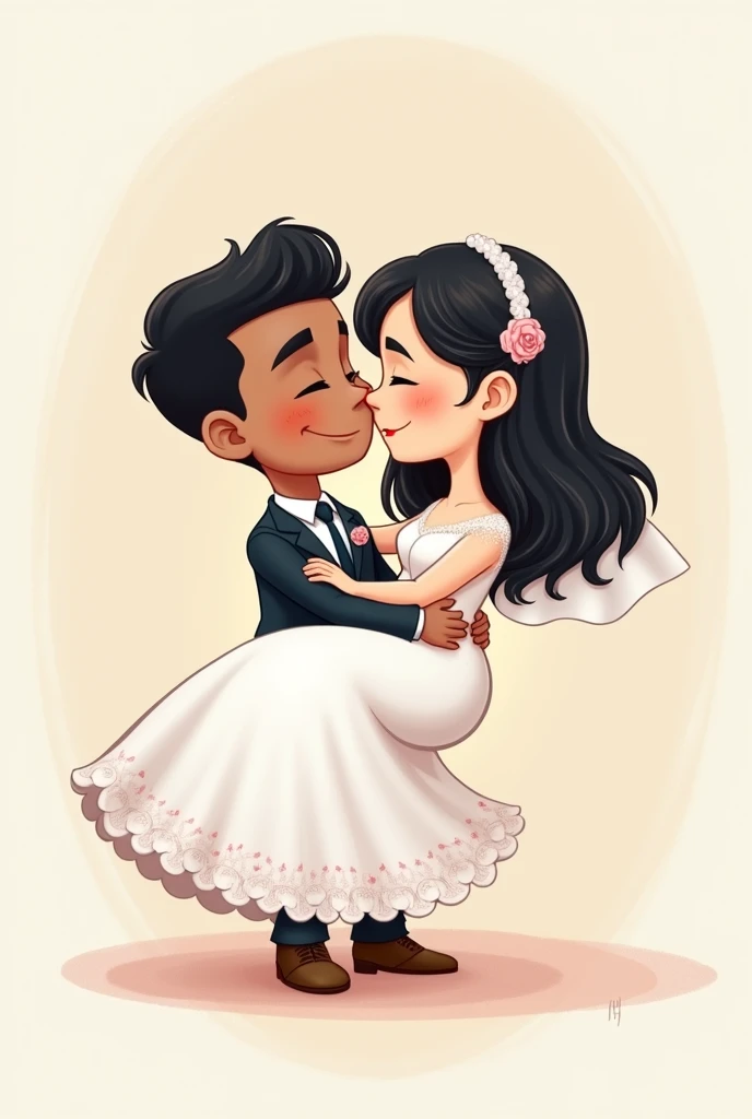 I want you to create a cartoon style bride and groom image. The groom and bride have black hair, and the bride's hair is shoulder length, the bride is white and the groom is brown. into the image, the groom is standing holding the bride on his lap.