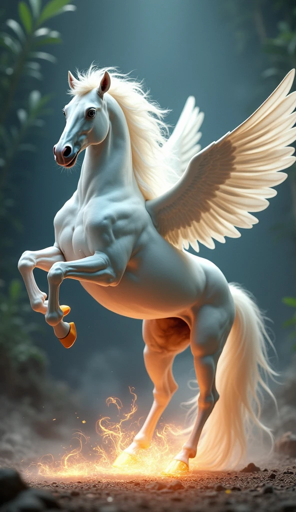 Masterpiece. 16K. UHD. High quality, Photorealism. Thematic background.
White horse Pegasus, Magical energy on the hooves. Stand up and kick your front legs forward. mythical hybrid creature in ancient Greek mythology - a winged horse, a favorite of the music. full-length shot. Stunning full-color design, sharp focus, studio shooting, intricate details, high detail, detailed anatomy. Hyperrealism.