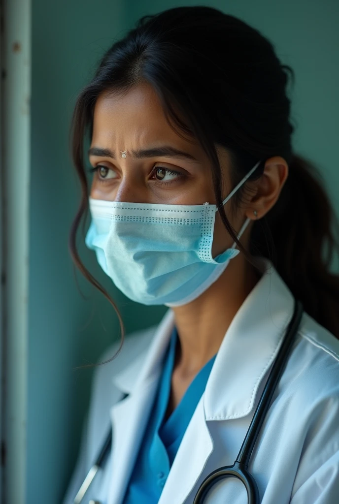 Indian lady doctor wearing face mask is crying 9:16 ratio