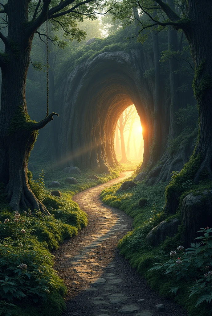 create a path in the dark forest with a cave at the bottom, and a sunset