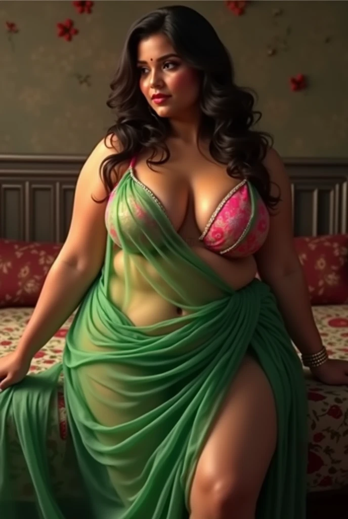 A sexy thick gujarati indian lady with a very huge round shining  hanging and long cleavage line visible in a sexy folded green trandprent saree & pink single tripe bra. Also revealing her underarms and Navel. And spread leg pussy showing 