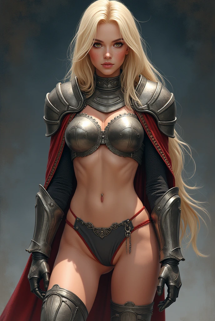 Voluptuous, Busty Blonde Female Dark Knight in ((((Black Full Plate Metal)) Bikini Armor)), Red Eyes, Thigh high Full Metal Plate Armored Boots. (((Full Body View))), Long hair, Messy bun, Wielding a Black Great Sword, (Red Cloak), (Red Pleated Skirt), detailed, perfect makeup, beautiful lips, large hoop earrings, (METAL bikini armor), No Helmet, (No Spikes), Tall girl, Long legs, (Solo, 1girl)
