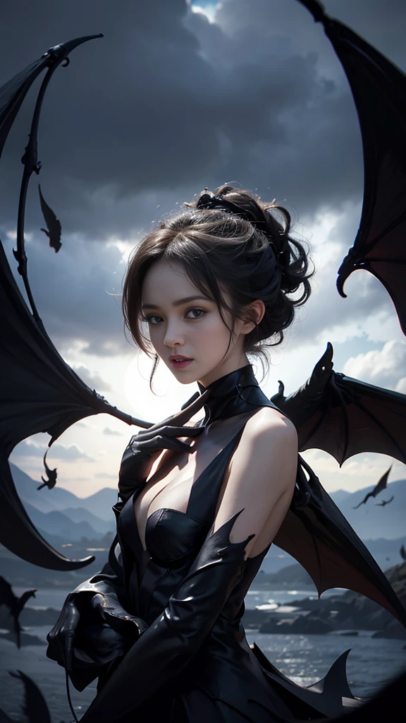 Mrs. Mara, Porn, no clothes, There are many bat wings on the shoulders., floating in the air, in the dark