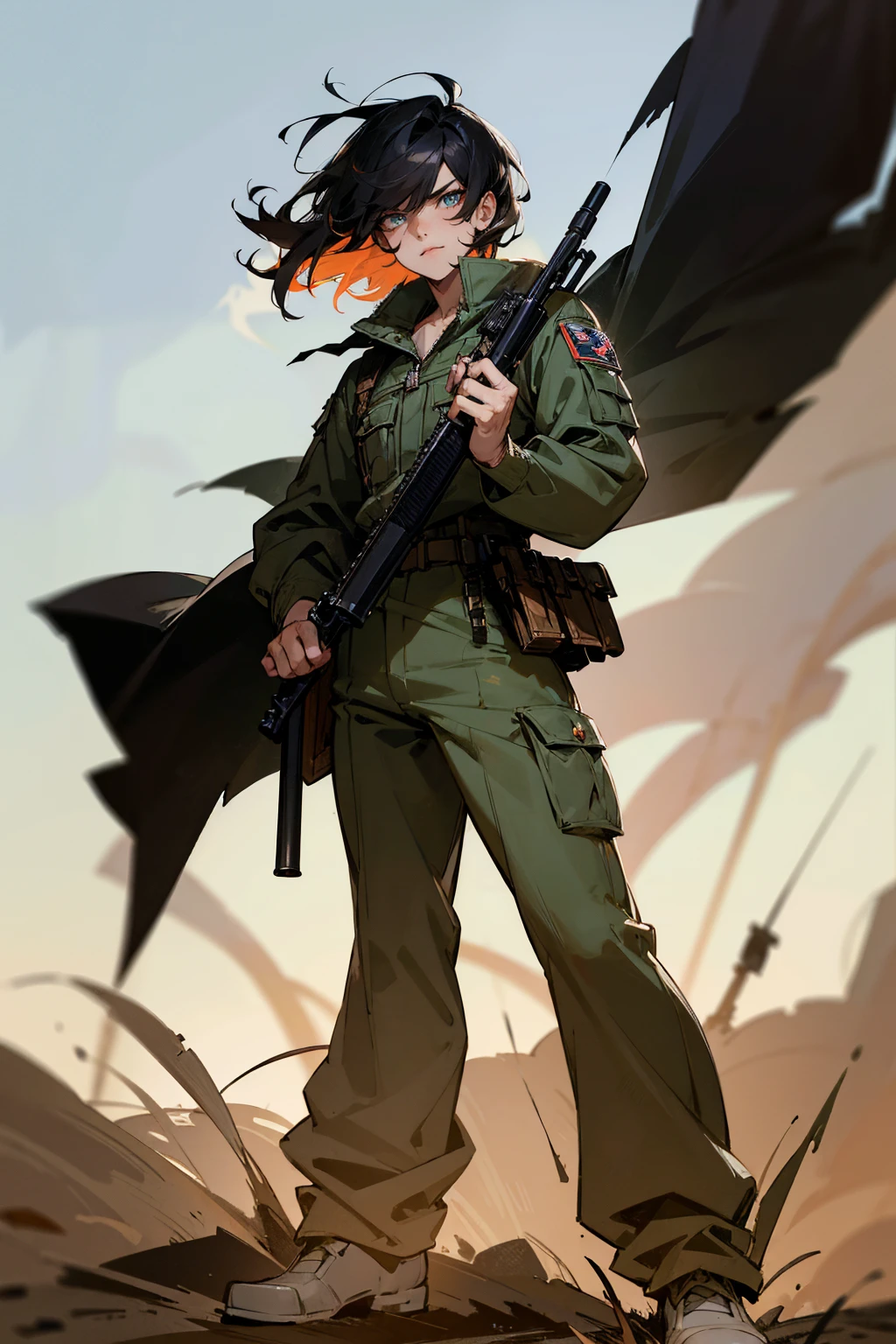 Masterpiece Quality, Perfect Generation, Sclera, Detailed Eyes, Skin, , , Soldier Clothing, Random Expression, , Battlefield Background, Full Body, Clothed, Hair Tie, Mad, Standing, strong, , eyes, , masculine, t, , scars, Male, military hair, gun, short hair, colorful