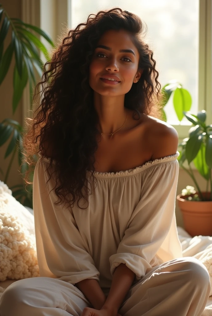 (photorealism:1.2), beautiful Indian woman, sitting on bed, wearing loose off-shoulder top, pajama pants, long curly hair, indoors, soft lighting, plants in background, window with sunlight, cozy room, relaxed pose, realistic, intricate details, warm colors,