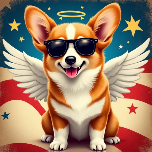 Cute dark glasses angel corgi dog glitter effect, american style propaganda poster, 