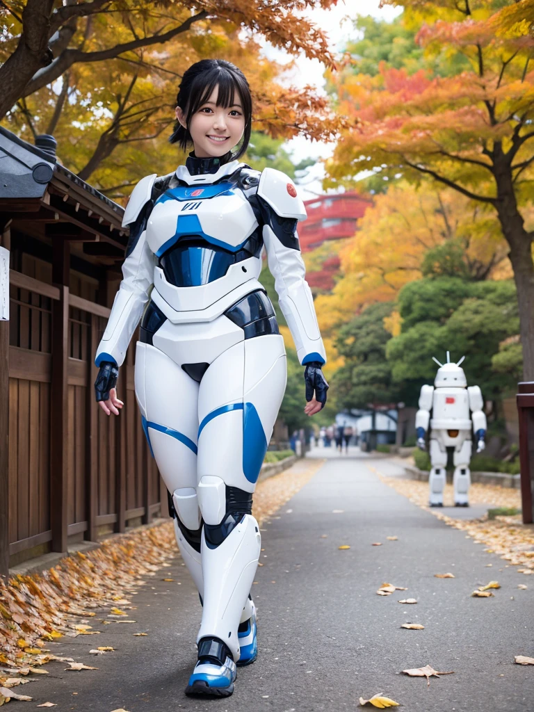 Japanese female android,Black Hair,White and blue robot suit,Plump,Walking through the shrine amid the autumn leaves,smile