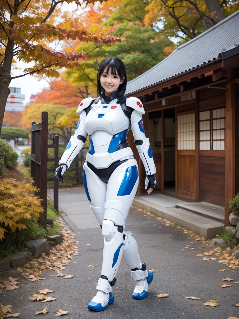 Japanese female android,Black Hair,White and blue robot suit,Plump,Walking through the shrine amid the autumn leaves,smile