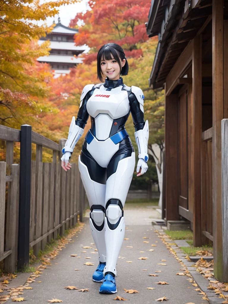 Japanese female android,Black Hair,White and blue robot suit,Plump,Walking through the shrine amid the autumn leaves,smile