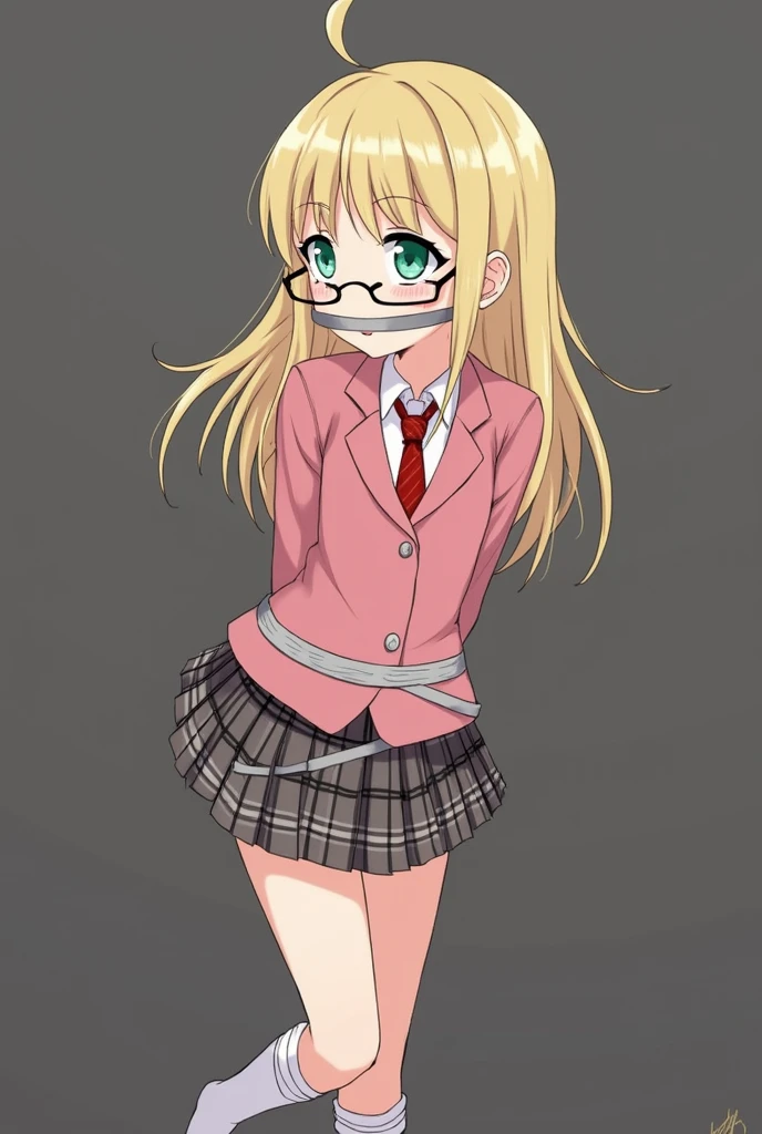 rebeccahawkins, green eyes, blonde hair, long hair, ahoge, bangs, glasses, school uniform, necktie, pink jacket, plaid skirt, skirt, short skirt, zettai ryouiki, embarrassed, tape, tape gag, gagged, tied, tied up, , tied wrists, hands behind back, tied ankles, tied arms to the body.