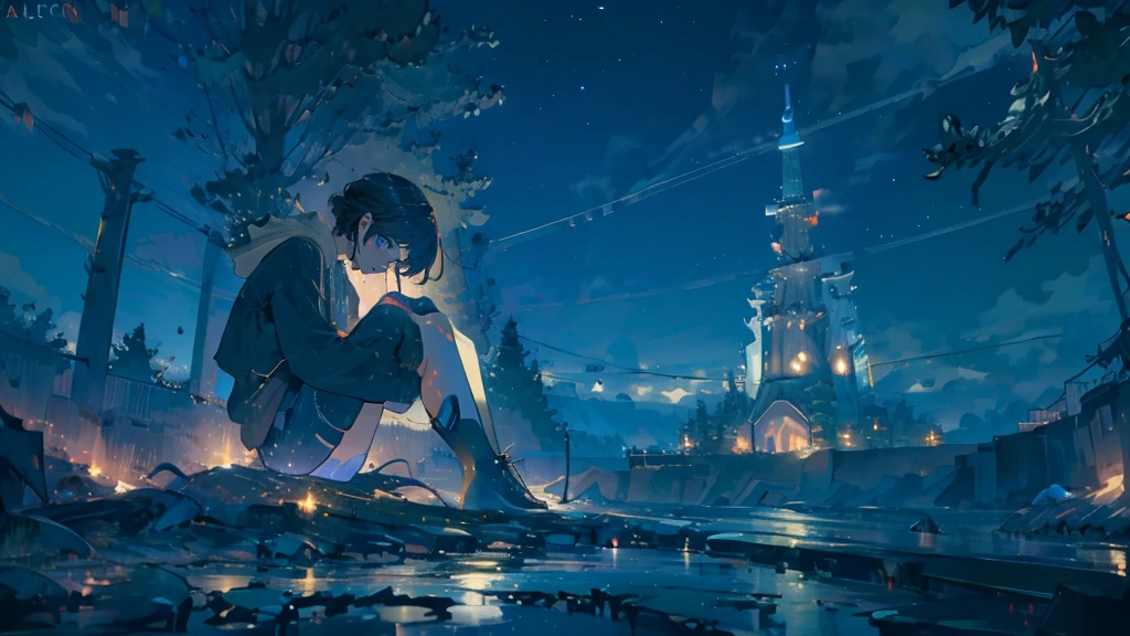 masterpiece,night,(dark alley),star、Night evening Sky、milky way、octone、
(1. Female), (solo), Knee hugging sitting,acousticguitar