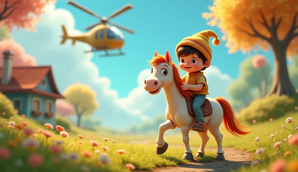 1 cute cartoon child sitting on a horse, detailed hat, detailed ground, detailed house, detailed helicopter in the sky, highly detailed, cinematic lighting, photorealistic, vibrant colors, 8k, best quality