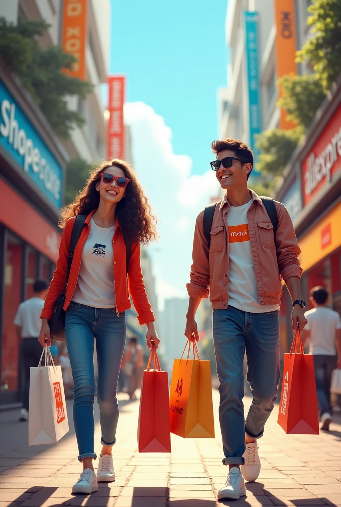 Paved street with Shopee and Aliexpress storefronts on the right and Shein and Temu storefronts on the left, with smiling people with shopping bags in their hands with the words shopee, shein, ALIEXPRESS and Temu in bags