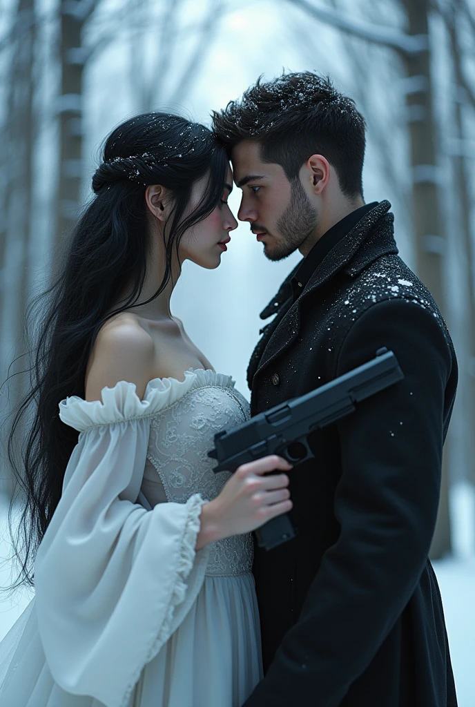 A pretty black-haired snow-white girl facing a very handsome black-haired boy with a gun