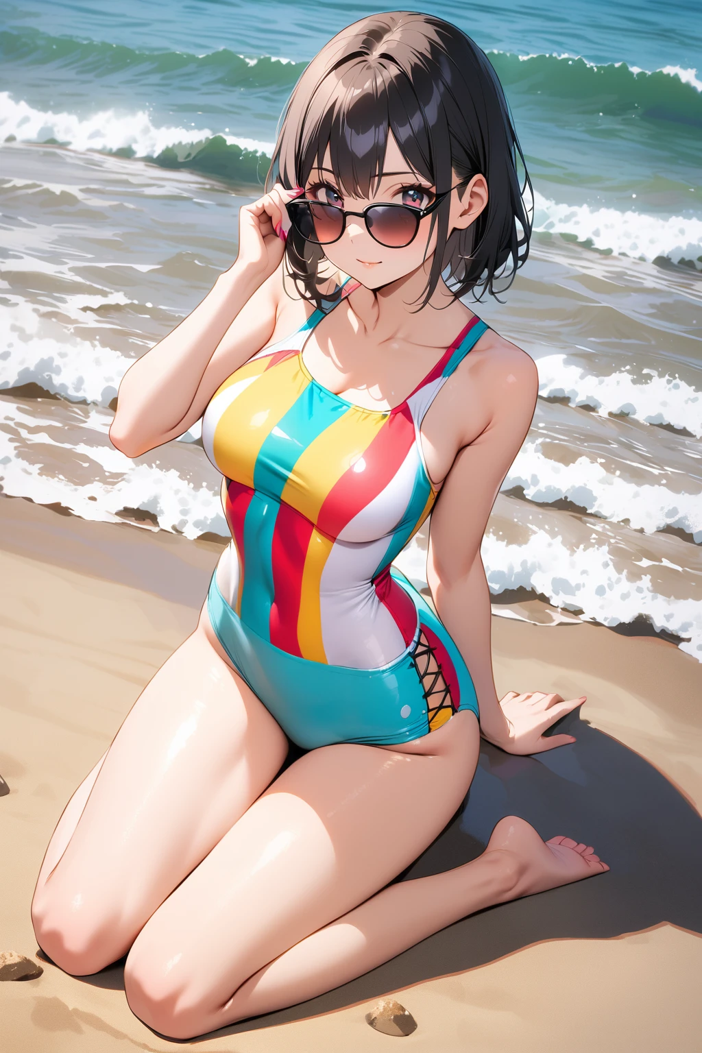 Colorful swimsuits，A pair of sunglasses，cute，Normal behavior，Kneeling on the beach，a beautiful  woman， black hair, （solo：1.2），（highest quality，extremely clear，masterpiece：1.2），full-body shot