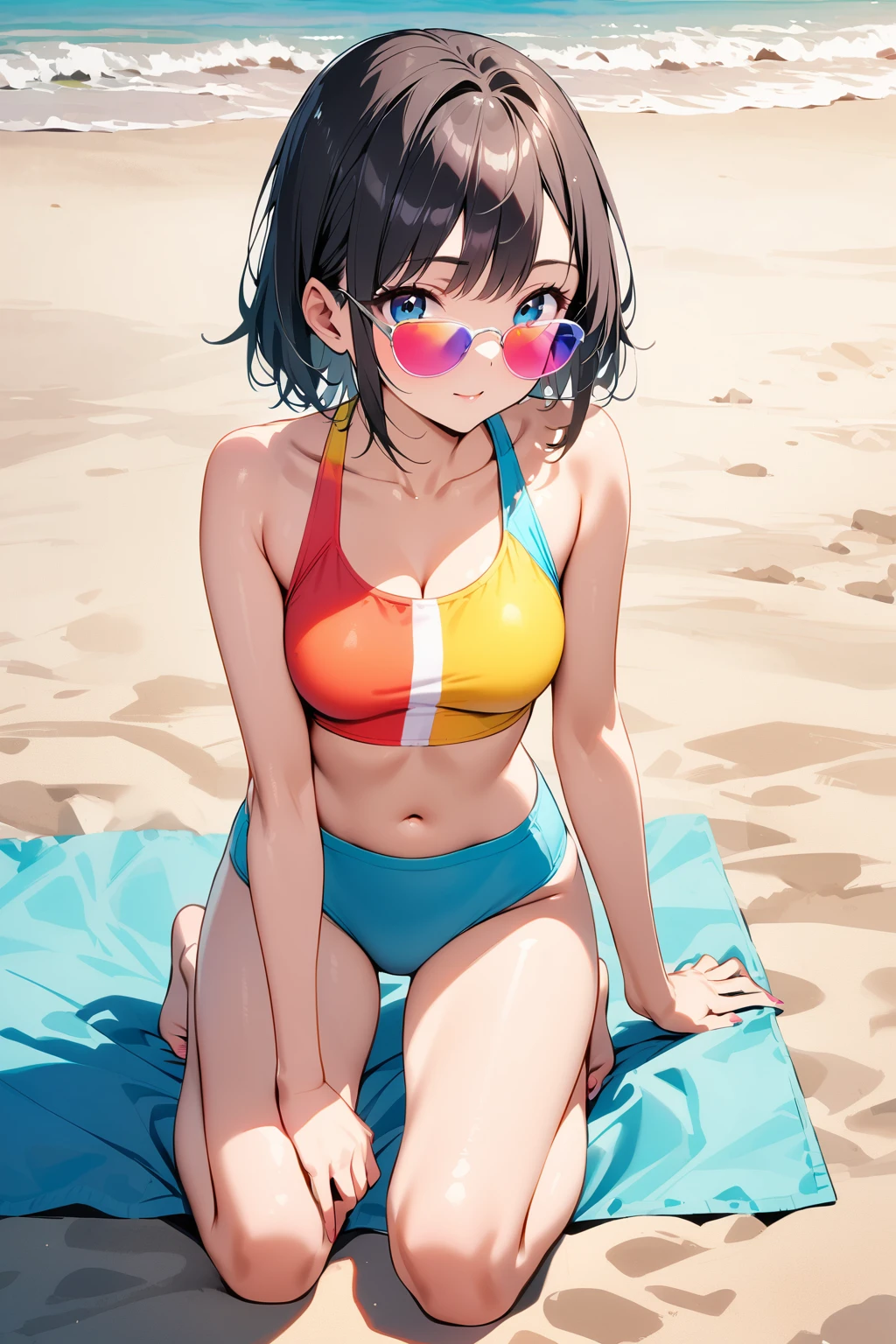 Colorful swimsuits,A pair of sunglasses,cute,Normal behavior,Kneeling on the beach,a beautiful woman, black hair, (solo:1.2),(highest quality,extremely clear,masterpiece:1.2),full-body shot