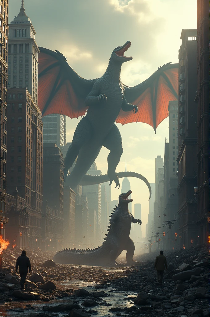 Rodan vs lizzie the crocodile flying background destroyed New York