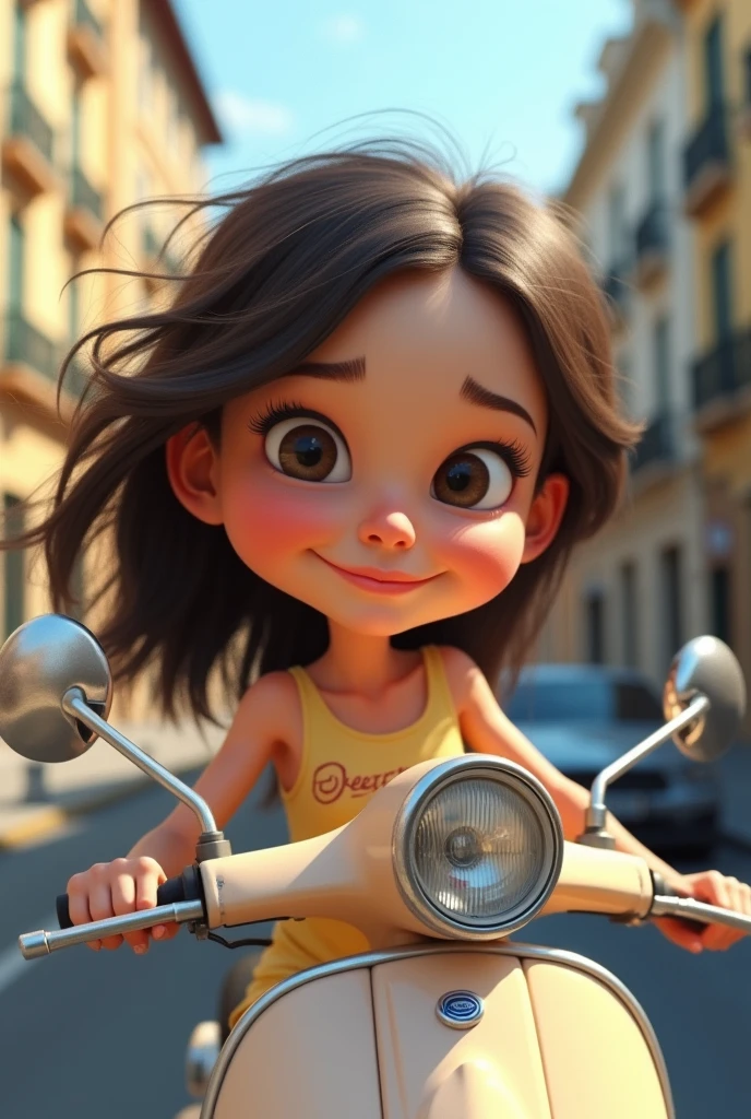 3D caricature of a girl's face looking away while stealing glances on a Vespa