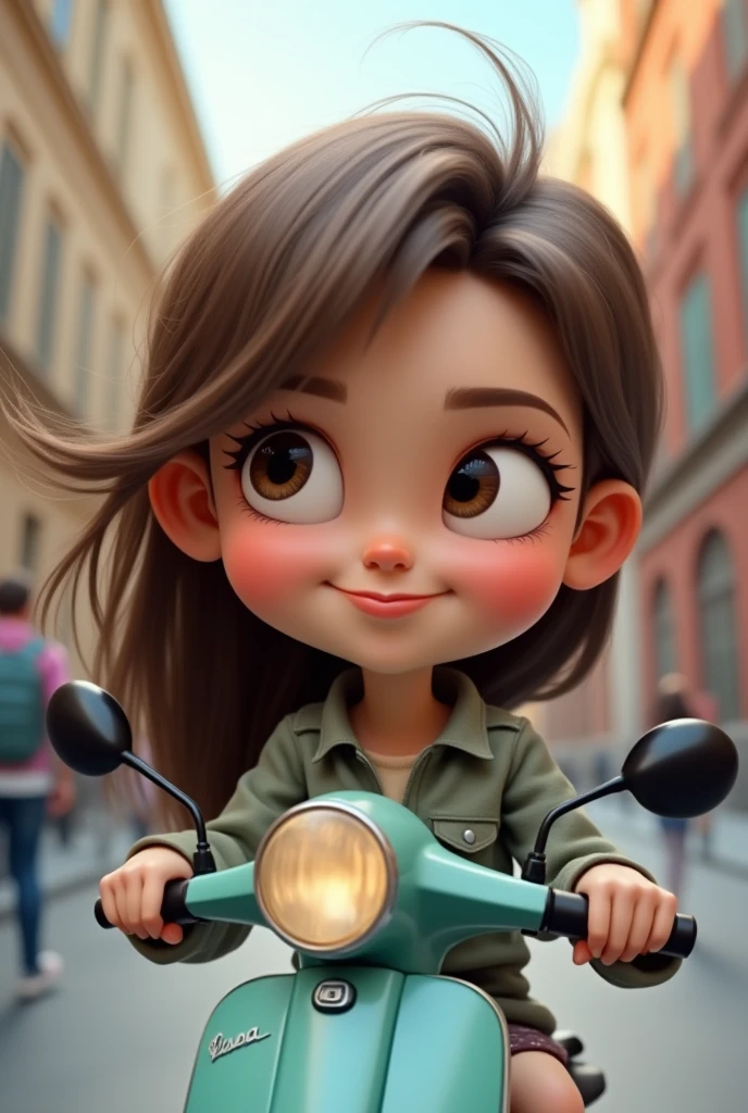 
3D caricature of a girl's face looking away while stealing glances on a Vespa