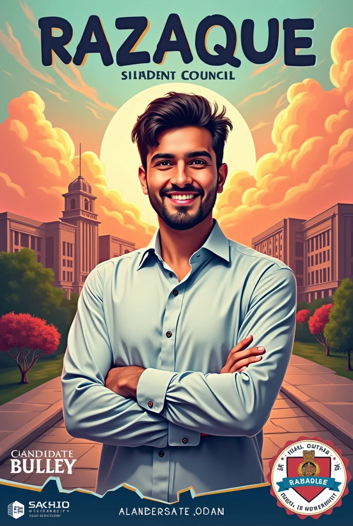 make a student election compaign poster for Abdul Razaque to vote in Student council at Sukkur Iba University