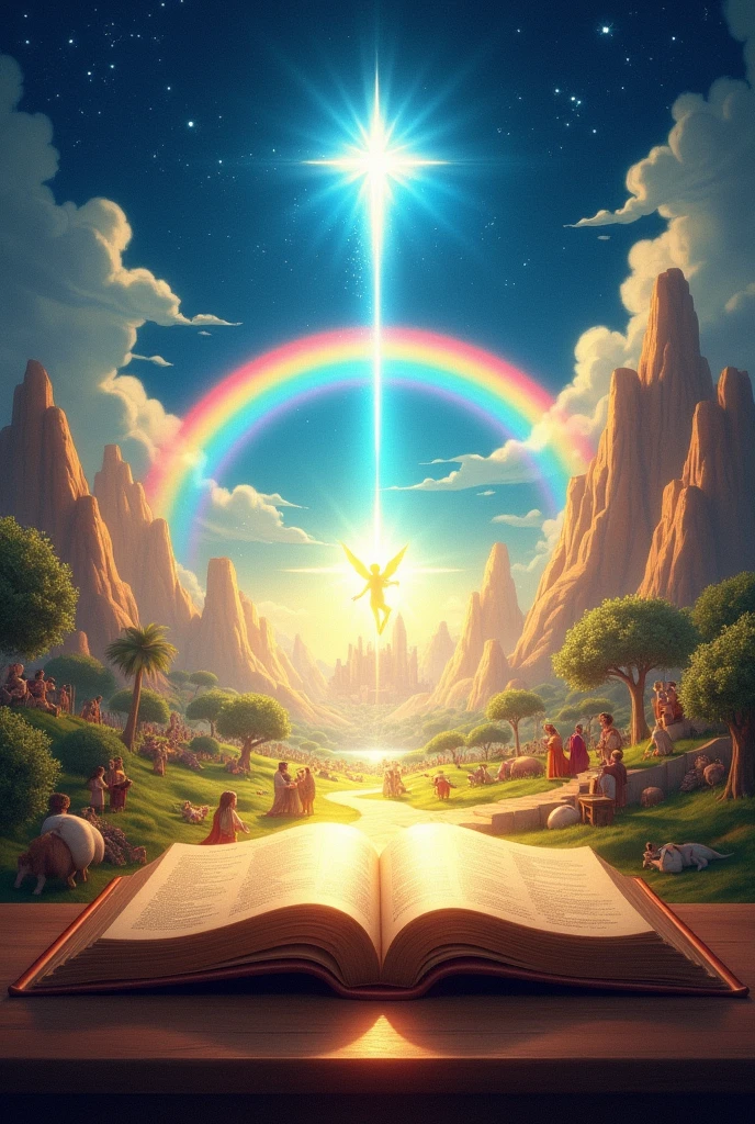 An open Bible, radiating golden and blue light. ao redor, animated characters like Noah with the ark, David with a harp, and a bright angel may be present. The scene is divided between a verdant Eden and a golden celestial city., connected by a vibrant rainbow. The sky is a gradient of blue with stars and a luminous cross at the top. The title "Panoramic View of the Bible" appears in a cheerful, curvy font, bringing a magical touch to the composition.