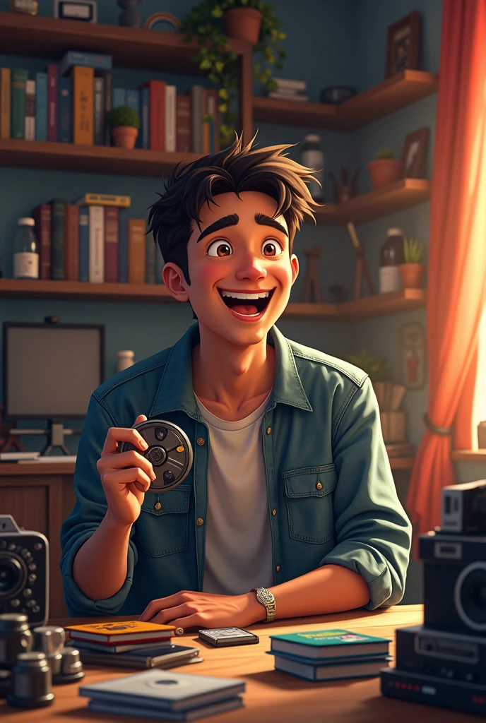 Generate an image of cinephile, he must be an encyclopedia of films, his background surrounding mustbe shows his film enthusiasm,his room need film cameras, film rolls, a bookshelf, cassette player and he must be in a happy moment, some film DVDs in the table, and a film roll in one hand, must be a in 20's