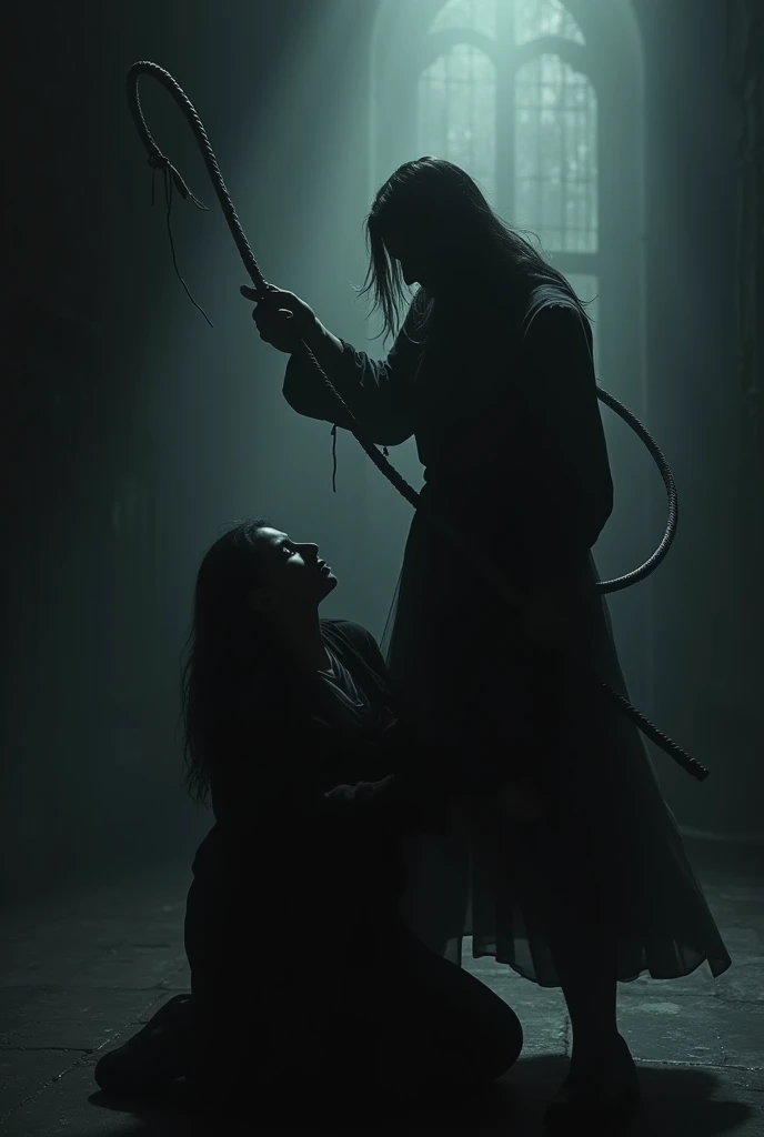 Shadows of two person shown one is beating another person with a whip as a punishment. 
