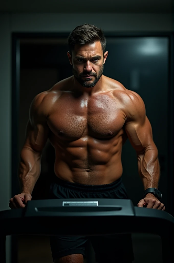 masculine guy)), (( shirtless)), (( exercising)), ((dark lighting)), (shirtless)), (( in a treadmill))