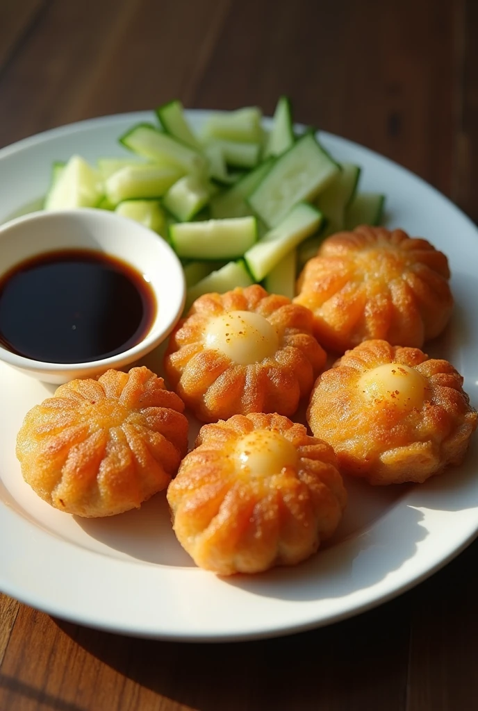 (photorealism:1.2), food from palembang indonesia, named pempek. in awhite plate, it is served egg pempek (pempek kapal selam) (cut off into two), pempek lenjer (lonjong), pempek adaan (bulat), pempek kulit, pempek keriting, cucumber cut into dices, with its black soup in a small bowl