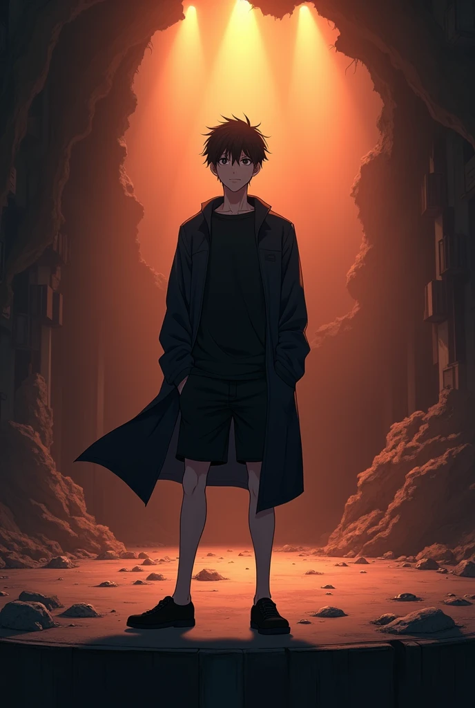 The image is anime style cowboy bebop and Darker than black with shadows and dim lights, anime style although somewhat adult and dark, It shows a single adult male aged 26., con cabello negro y black eyes, He is wearing a black t-shirt and black shorts, and long black windbreaker; Smiles confidently to the side. He is standing in front of a destroyed theater, right on stage, sin techar, as the orange light of dusk filters through. on the stage, black eyes