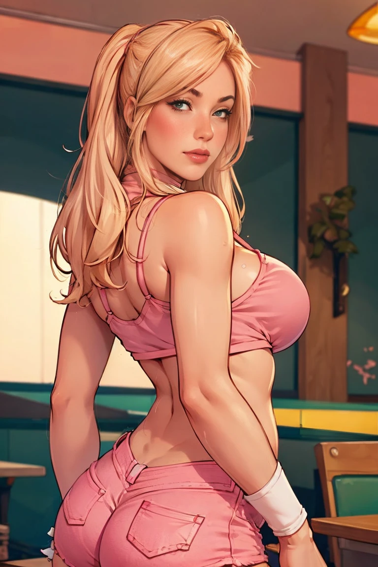 blonde, sculptural body, delicious, provocative, delicious breasts, BIG ASS, ((cropped rosa claro)), ((pink denim shorts)), ((tennis)), at a fast food restaurant during the day.