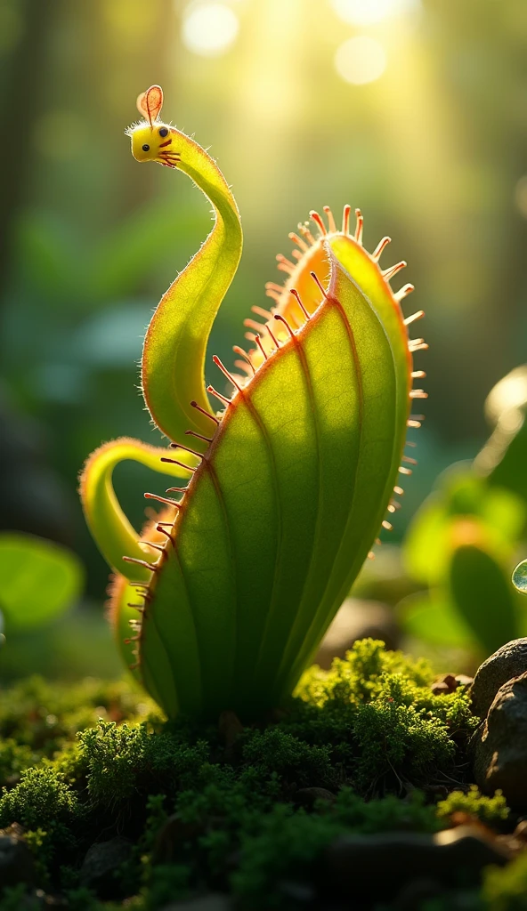 a hyper-detailed, highly realistic Venus flytrap plant growing in a lush, natural environment, with sunlight gently filtering through the leaves, (best quality,8k,highres,masterpiece:1.2),ultra-detailed,(realistic,photorealistic,photo-realistic:1.37),natural sunlight,dramatic lighting,intricate details,botanically accurate,dynamic composition,verdant foliage,textured leaves,stunning realism,depth of field,warm color palette