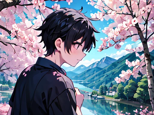 1 boy, Mountain, Black short hair, He is wearing a grey shirt, He is looking cherry blossoms