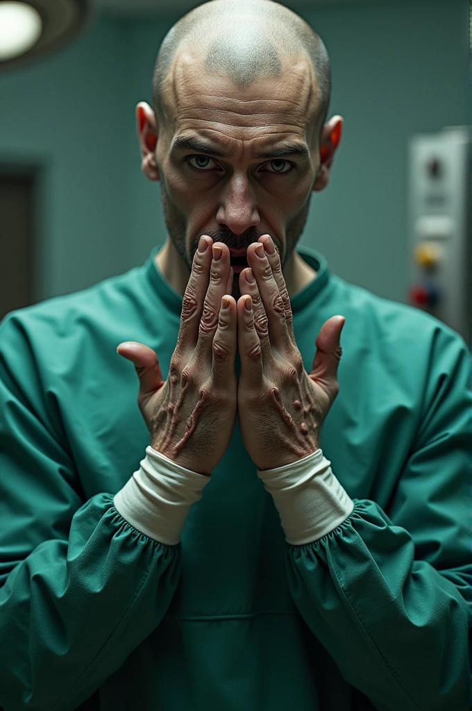 Surgeon with veins in his hands and crazy eyes