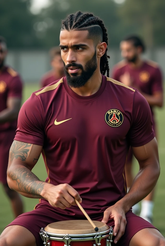Visualize Young white Muslim man thick lips athletic body masculine energy and sexy defined chin trimmed beard braid with gradient on the sides colorful tattoo wearing a burgundy PSG training uniform with golden letters and symbols, burgundy shorts and white heels, at the training camp doing a percussion.