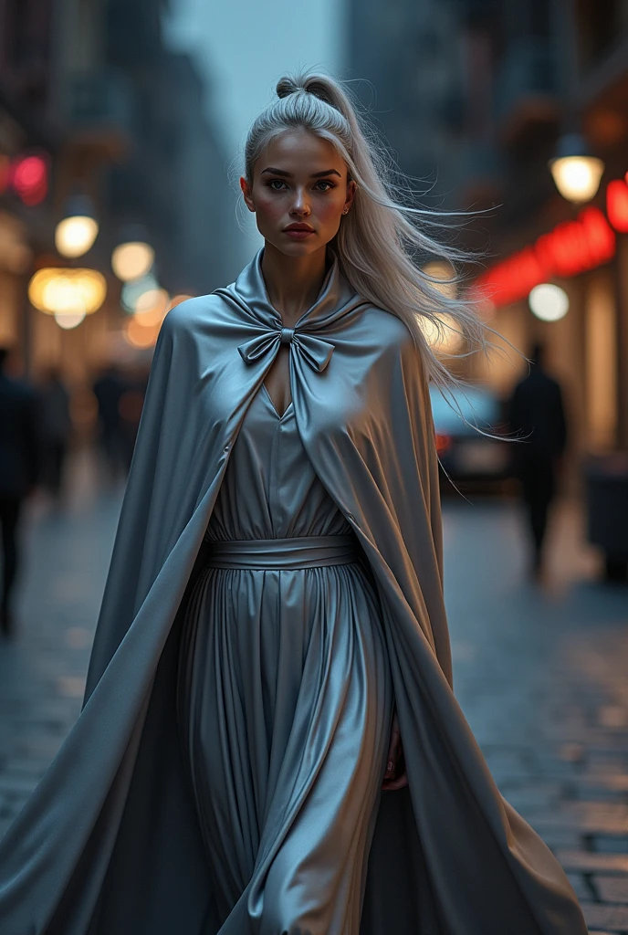 (RAW Photo) , (highly detailed:1.20) , ultra realistic :1.10) ,sexy girl in her 20s , (perfect face:1.20) , (detailed red pupils :1.20) , with long silver hair in ponytail , (((long silver satin cape tied at the neck with a ribbon :1.20))) , maxi skirt , full body, walking down street at night , high-quality ultra realistic style, detailed eyes, professional, expressive , 8K , highly detailed , professional,