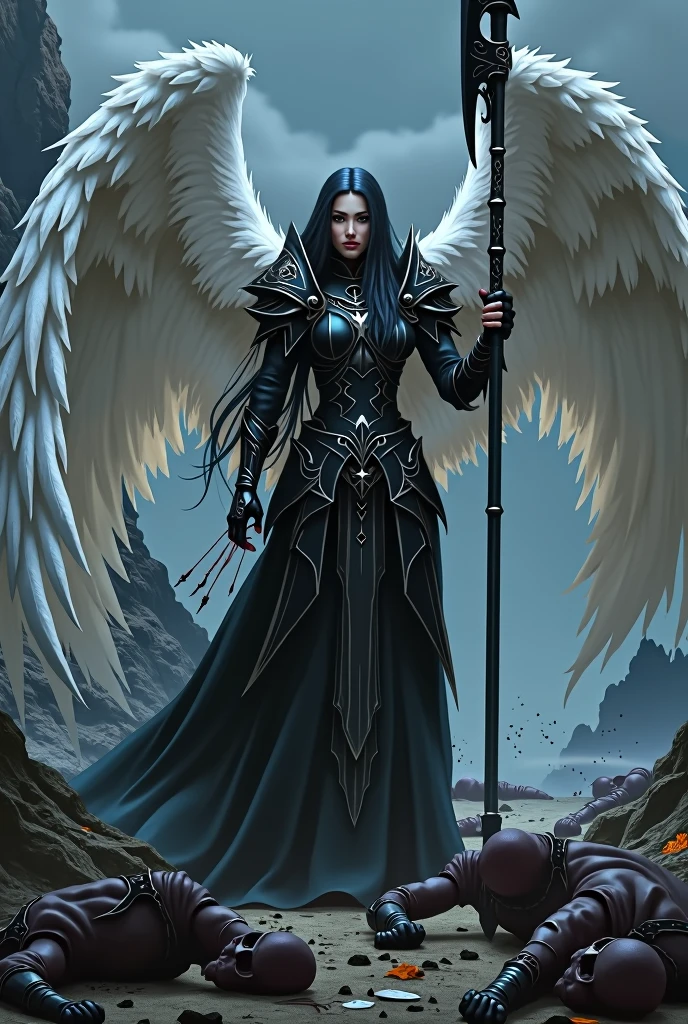 (pathfinder:1.2), fullheight, angel, sexy female. pale skin, beautiful face, black eyes, white wings, gothic black armor with sharp edges, no nude, very long ebony hair, holding huge glaive, on the battlefield, corpses and death around her, at the midnight, pathfinder wrath of rightous style