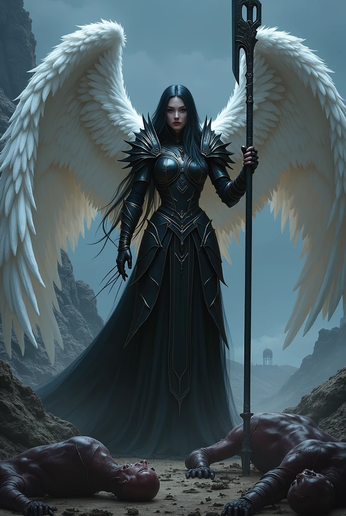 (pathfinder:1.2), fullheight, angel, sexy female. pale skin, beautiful face, black eyes, white wings, gothic black armor with sharp edges, no nude, very long ebony hair, holding huge glaive, on the battlefield, corpses and death around her, at the midnight, pathfinder wrath of rightous style