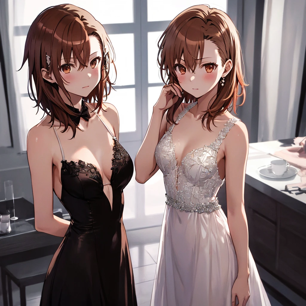 Evening Dresses, Evening party, (Misaka Mikoto), beautiful girl, cute, (flat chest), 1 girl, uhd, retina, masterpiece, accurate, anatomically correct, textured skin, super detail, high details, high quality, best quality, highres, 8k