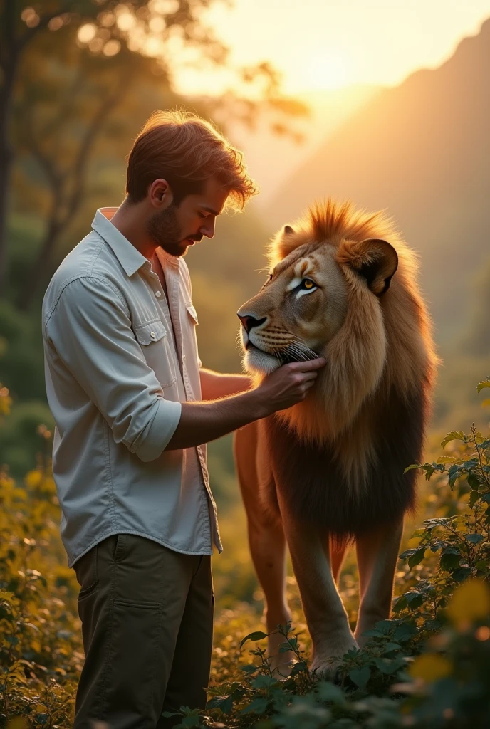 A 2 man, who is a animal researcher, he went to forest, he met the lion, the lion and the man has very close relationship, as that man saved the lion in his child hood, the man is taming on the head fur of lion, sunrise, elevating, the man is wearing a white shirt with tiger scratches. The lion saved him from tiger, both are standing, on the near the edge of a valley